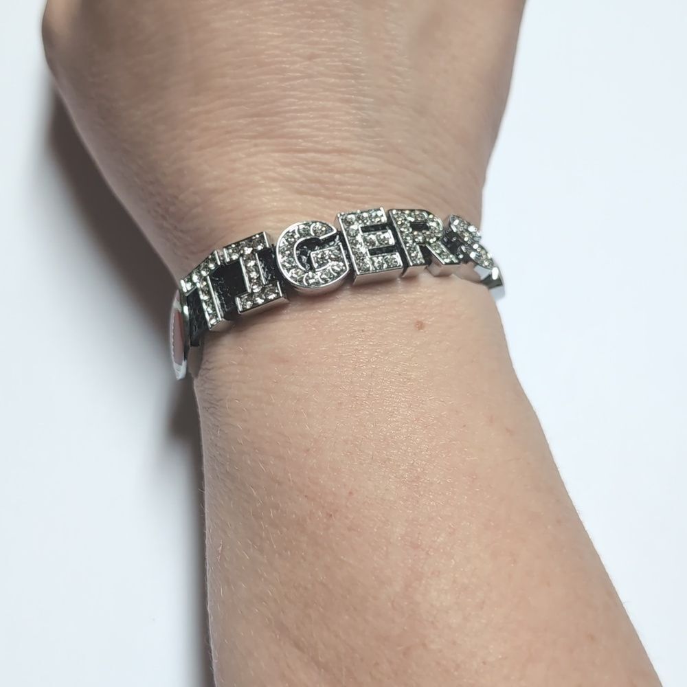 165 Silver Rhinestones TIGERS Football with Black Band Bracelet